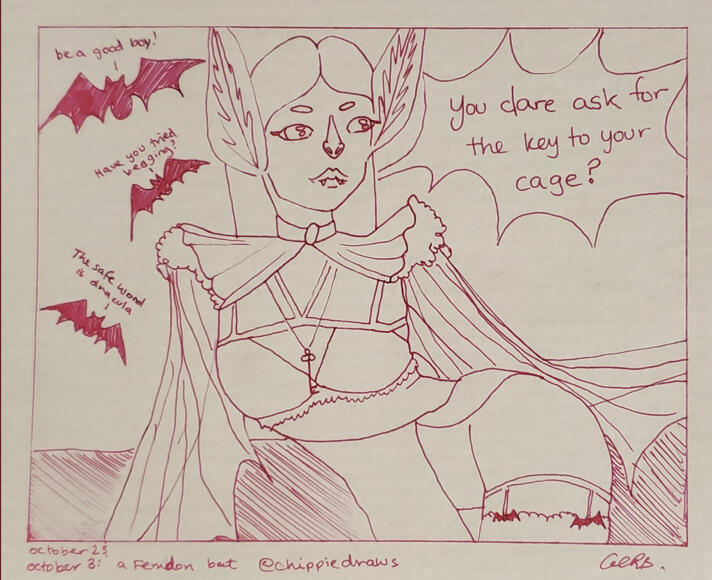 OCTOBER: Ink Prompts: Bat and Femdom - Pen on Watercolour Paper