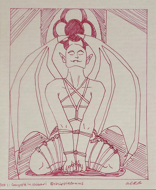 OCTOBER: Ink Prompts: Gargoyle and Shibari - Pen on Watercolour Paper