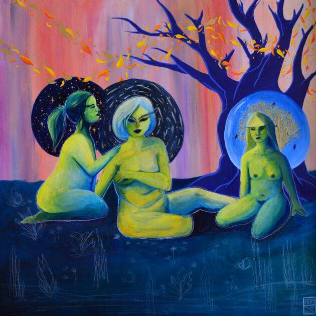 MARCH: The Three Nymphs - Acrylic and Gouache on Wood