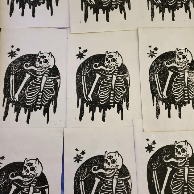 OCTOBER: Bone to be Wild - Grey Lino Block