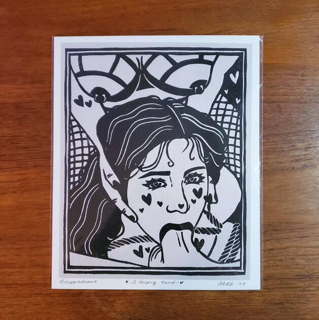 MARCH: A Helping Hand - Lino Block Print on Newsprint