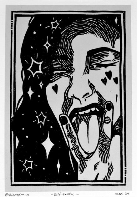 APRIL: Self-Erotic - Lino Block Print on Newsprint