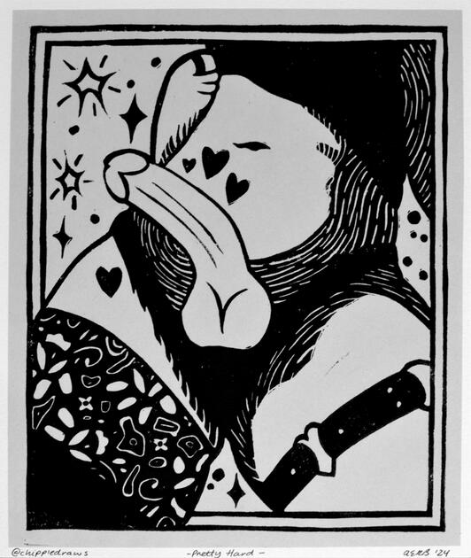 APRIL: Pretty Hard - Lino Block Print on Newsprint