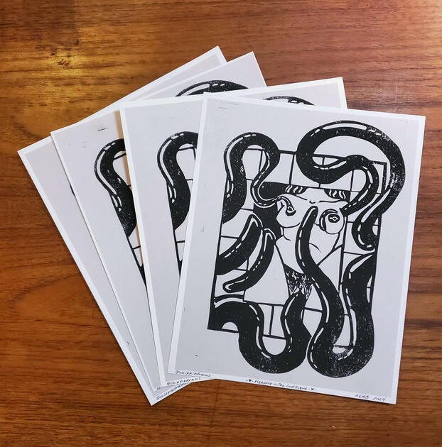 JANUARY: Pleasure in the Grotesque - Lino Block Print on Newsprint