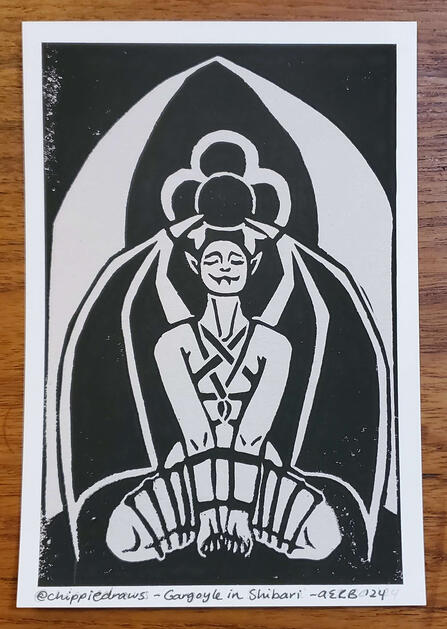 JANUARY: Gargoyle in Shibari - Lino Block Print on Newsprint